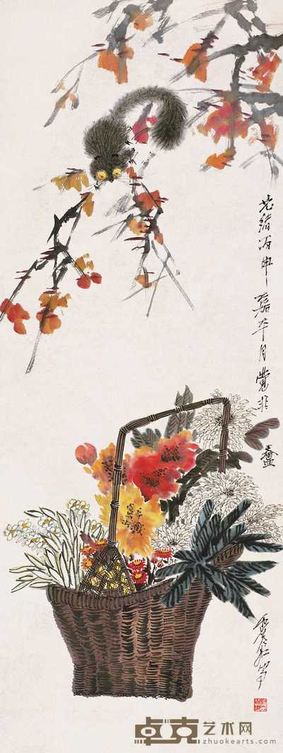 虚谷 花篮松鼠图 立轴 136×51cm